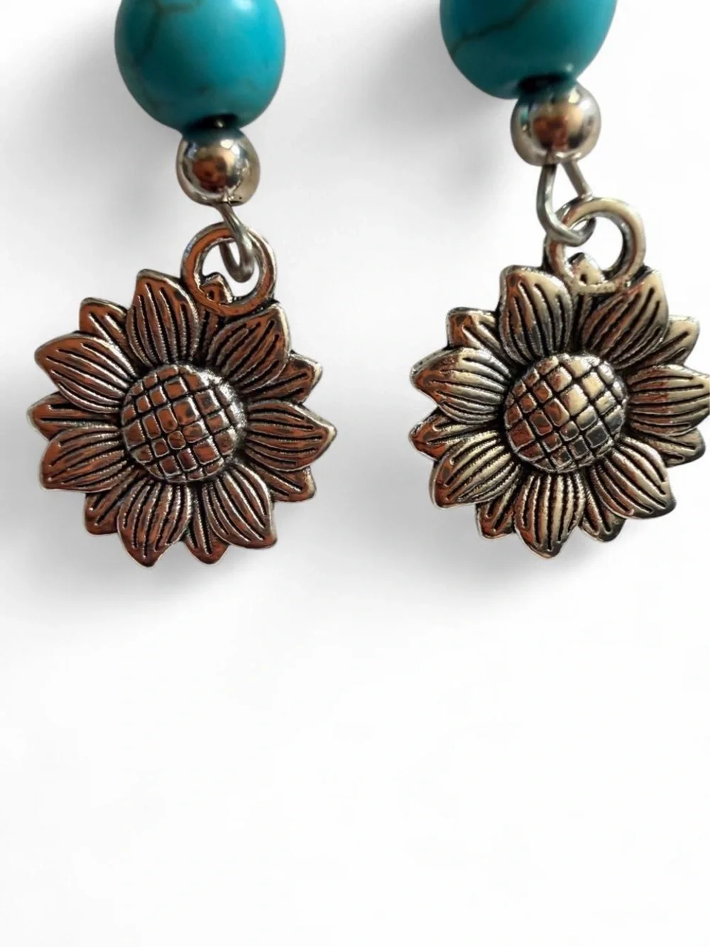 Handmade Turquoise & Silver Sunflower Dangle Drop Earrings OOAK